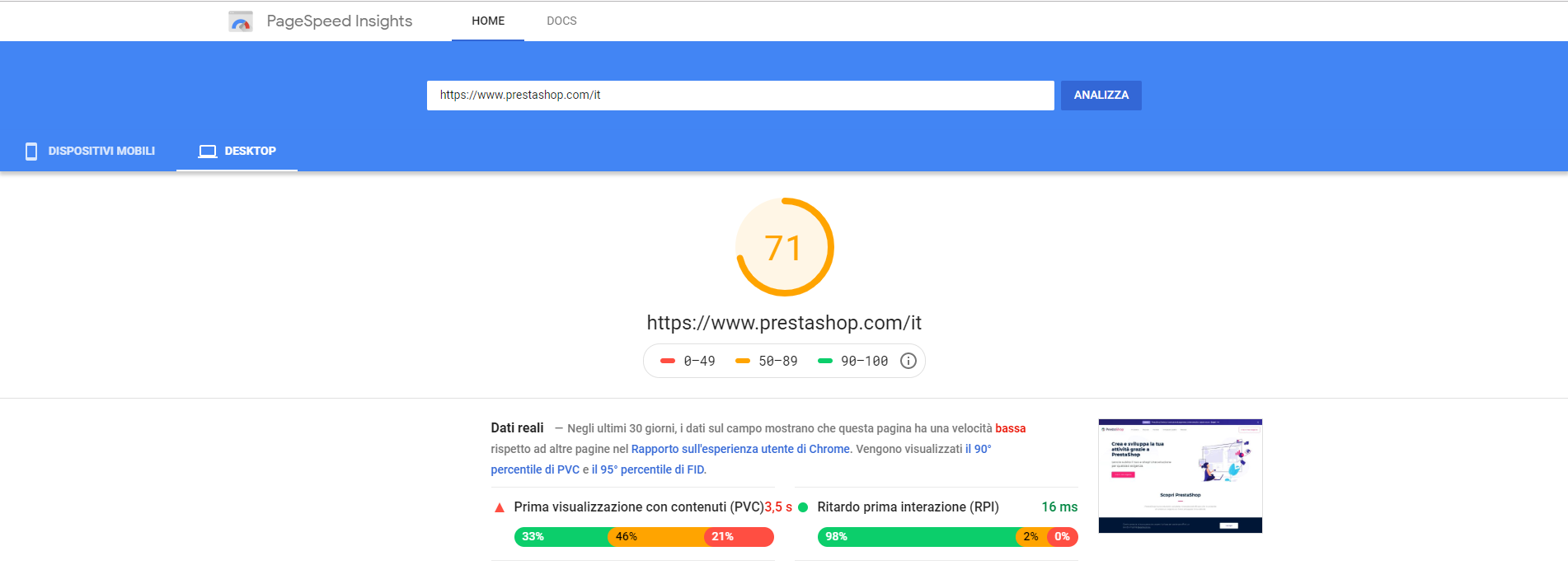 Test di velocità Google PageSpeed Insights